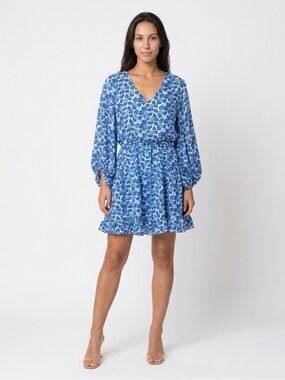 Blue and White Floral V-Neck Babydoll Dress